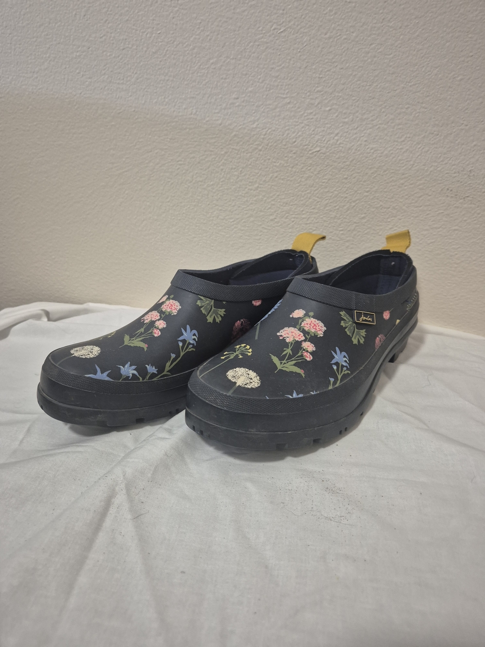 Joules Navy Floral Waterproof Garden Clogs with Yellow Pull Tabs